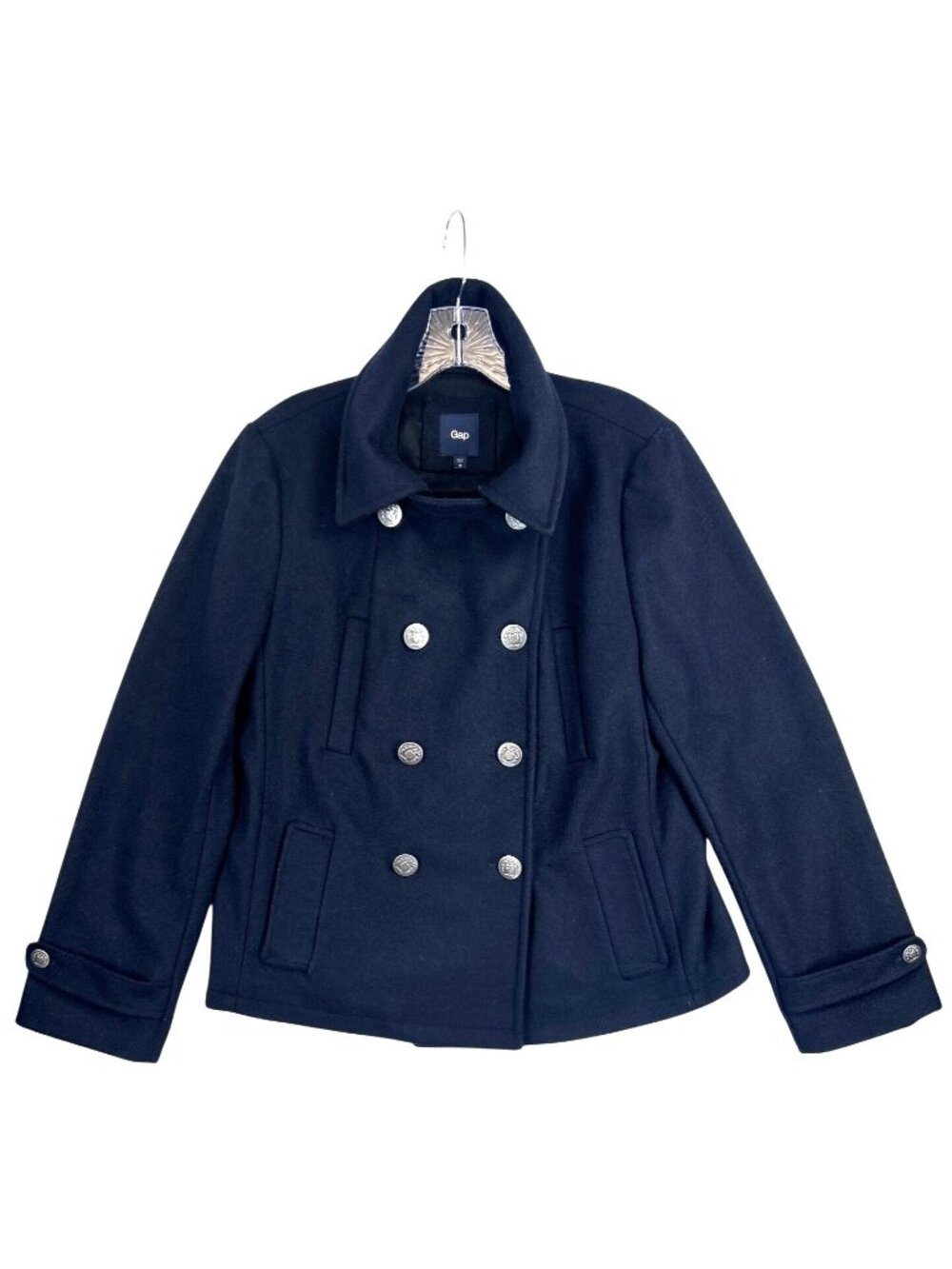 Gap Women’s M Navy Blue Wool Double Breasted Peacoat Crest Buttons Preppy